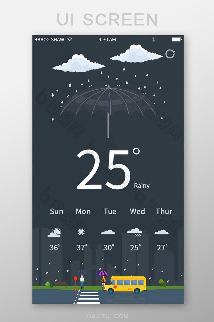 暗色调简约插画天气app天气主页面