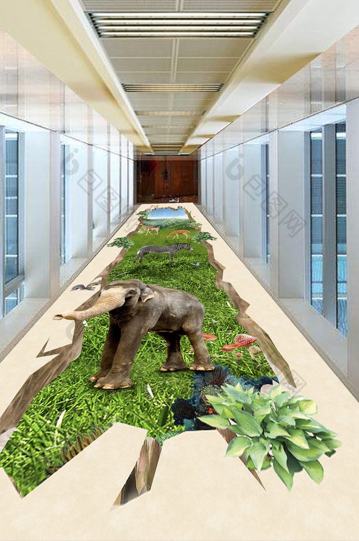 原创简约动物世界草原3D立体地板画背景