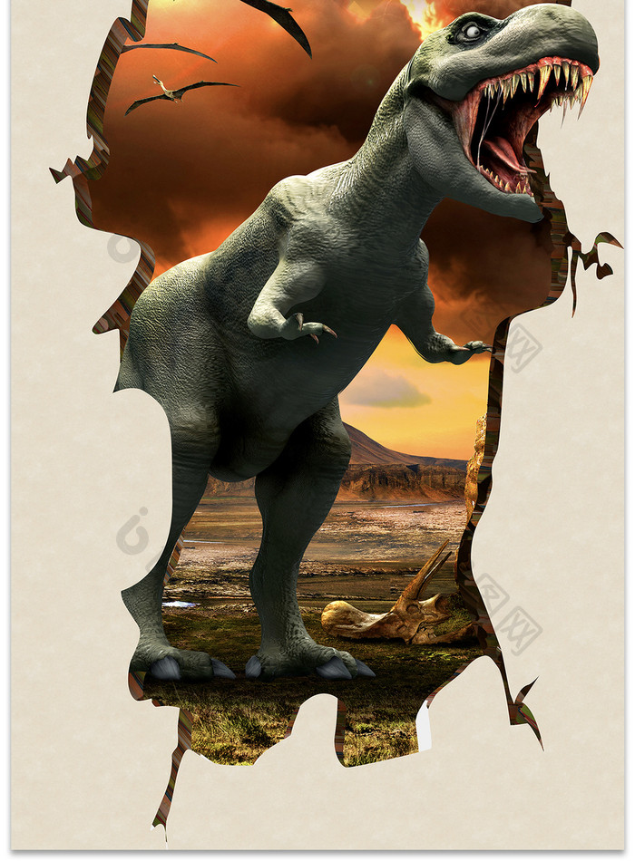 原创3D立体唯美侏罗纪恐龙逼真地板画背景