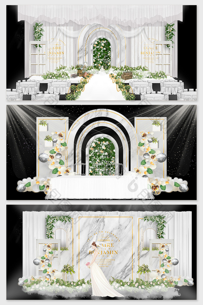 原创白色大理石纹理欧式婚礼舞台效果图