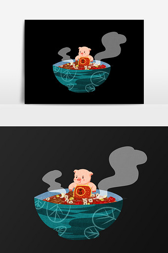 手绘碗边的小猪插画元素图片