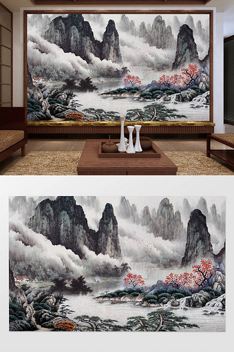 中式唯美手绘意境山水画电视背景墙图片