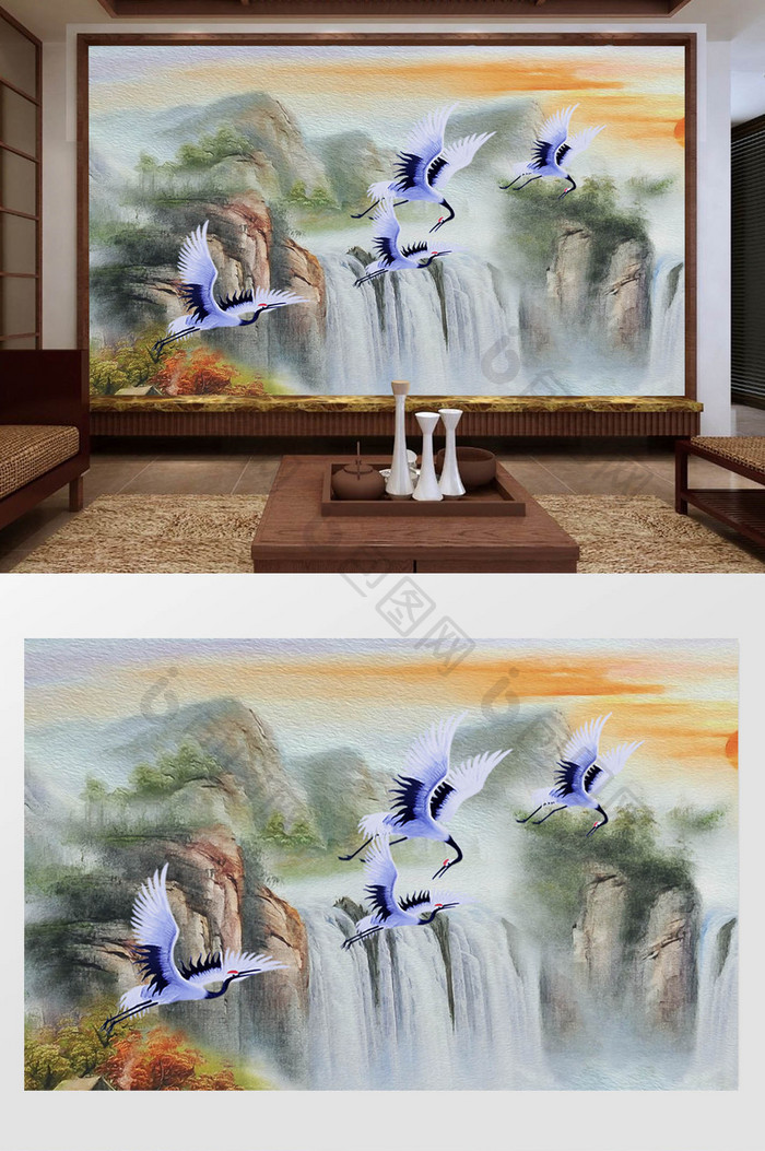 中式风景油画流水生财白鹤鲤鱼电视背景墙