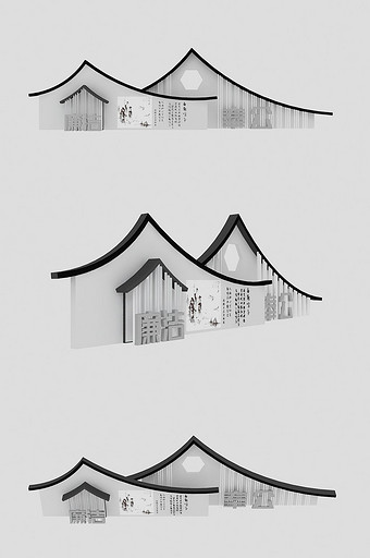 党建宣传栏文化墙中式艺术3d模型图片