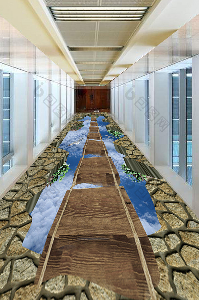 走道展厅客厅天空上的木桥3D户外地板地画