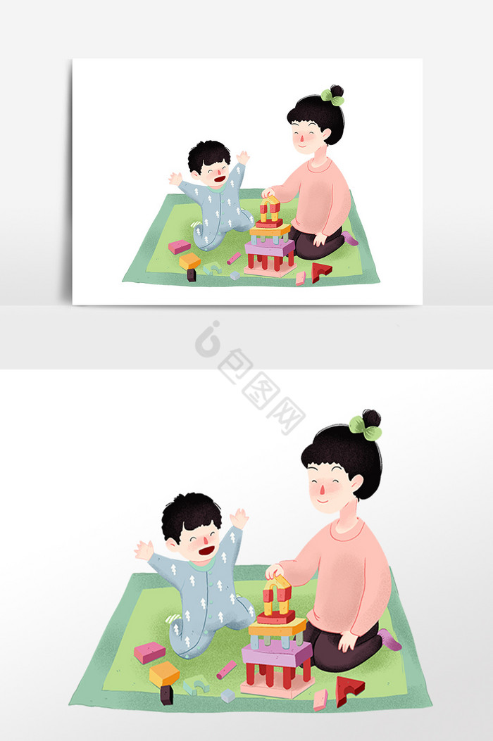 母亲陪婴儿玩积木插画图片