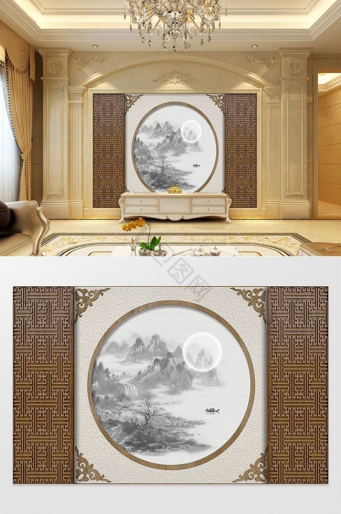 新中式意境大气水墨山船月亮鸟花纹油画背景图片