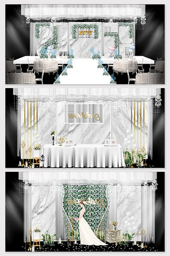 现代简约森系唯美白色婚礼舞台效果图图片