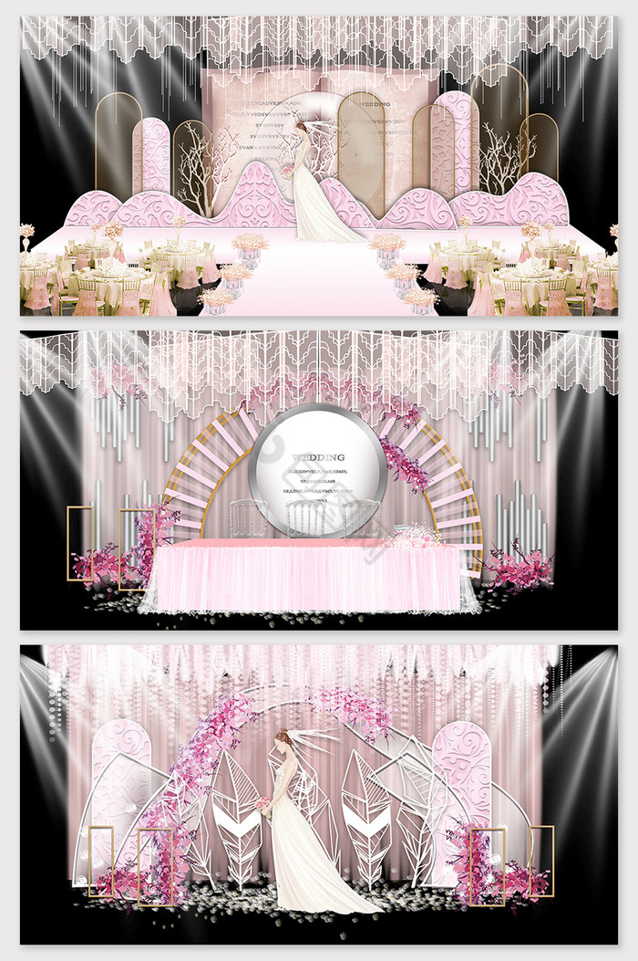 原创唯美粉色欧式婚礼背景舞台效果图图片