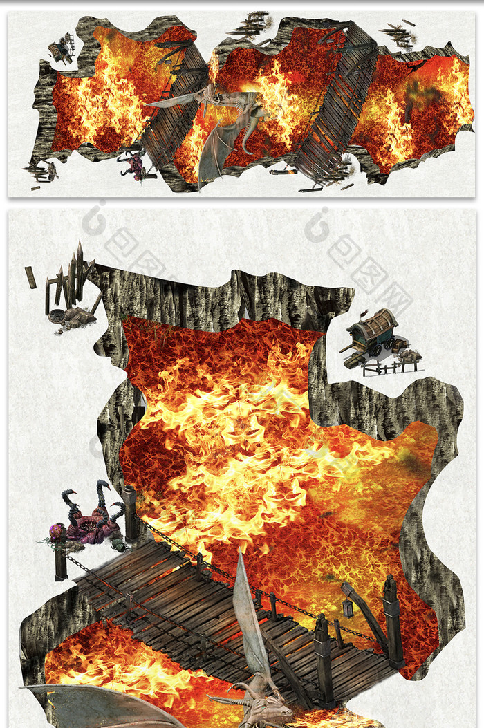 原创3D立体火山喷发怪兽地板画背景
