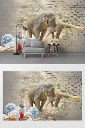 3D立体大象动物卧室背景墙