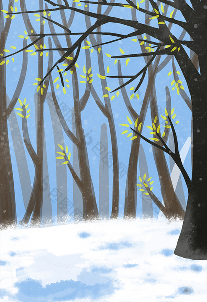 手绘雪地的树木插画背景