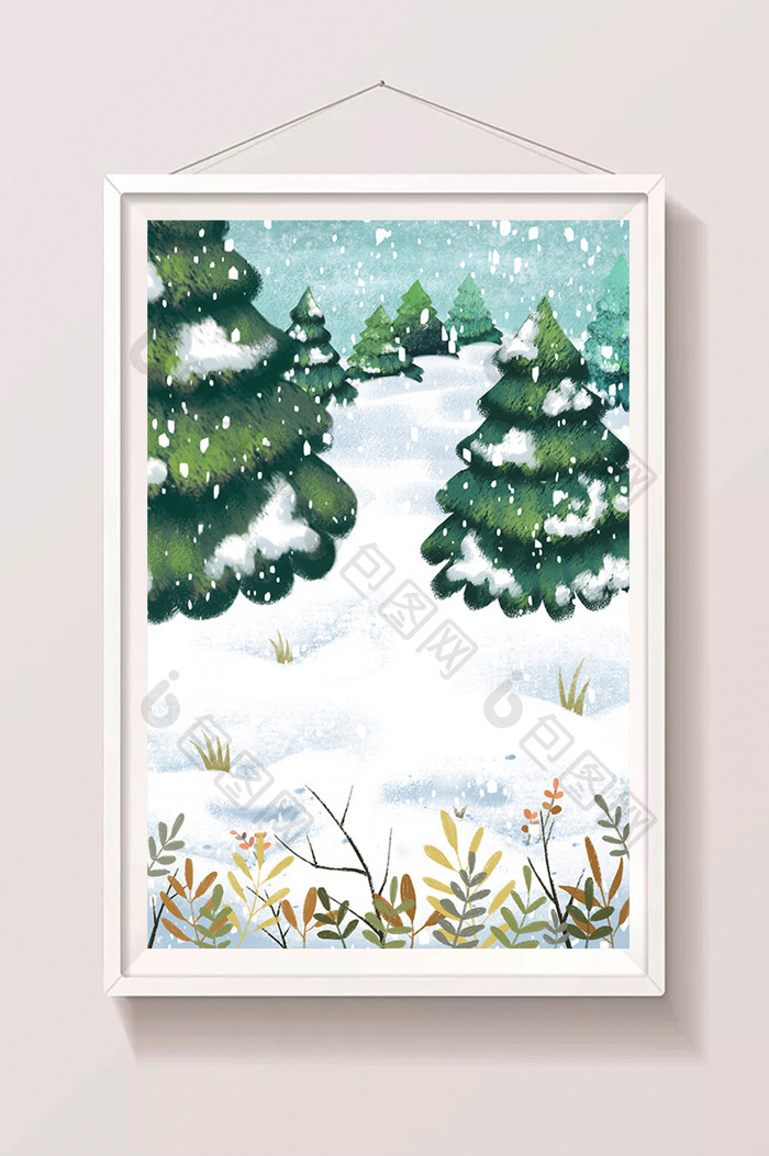 手绘雪地上的树插画背景
