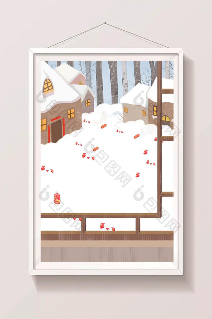 手绘雪中的村庄插画背景
