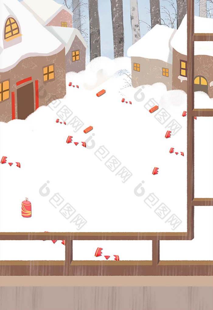 手绘雪中的村庄插画背景