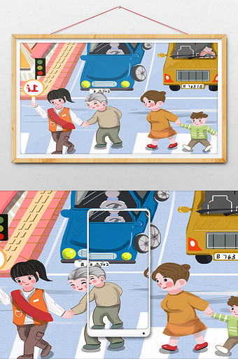交通安全安全出行过斑马线卡通人物插画图片