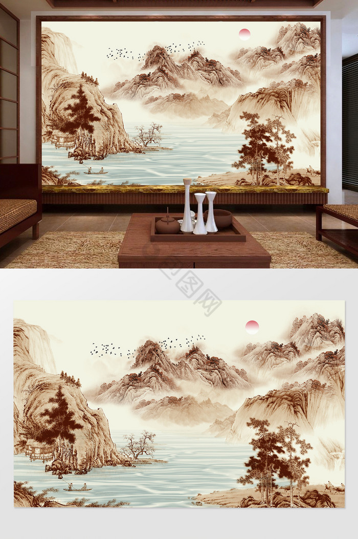 山水国画背景墙图片