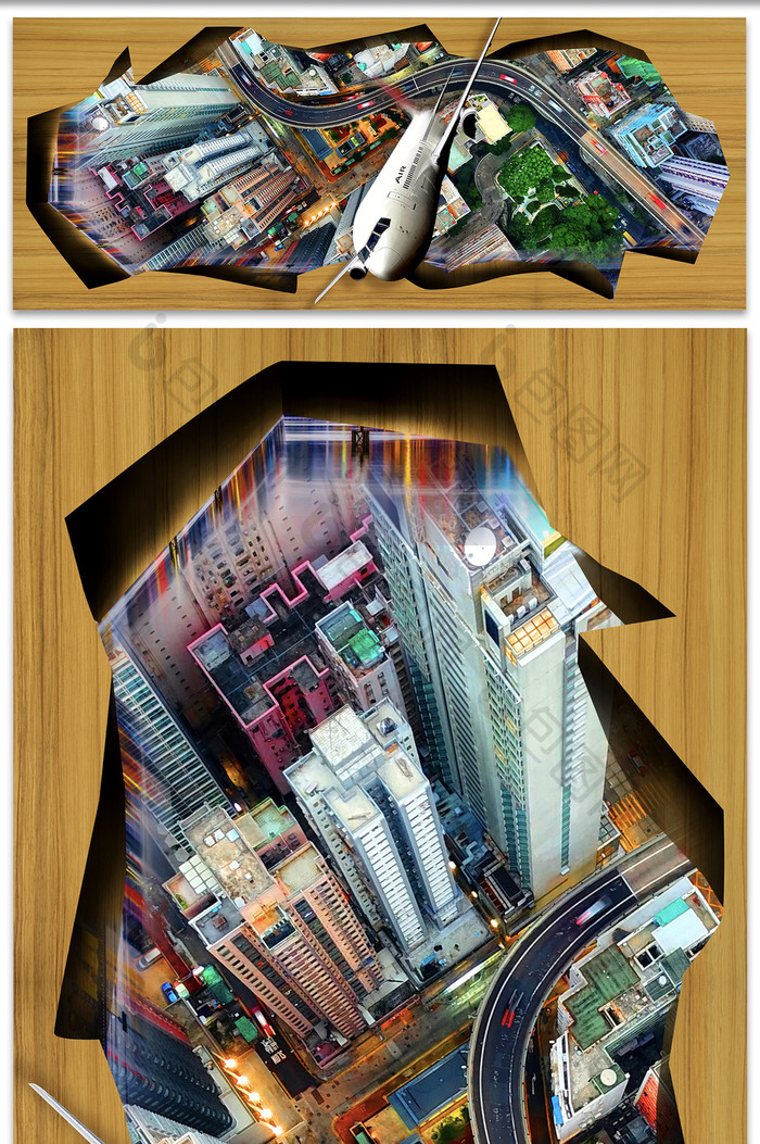 现代城市3D立体画地板地画彩绘