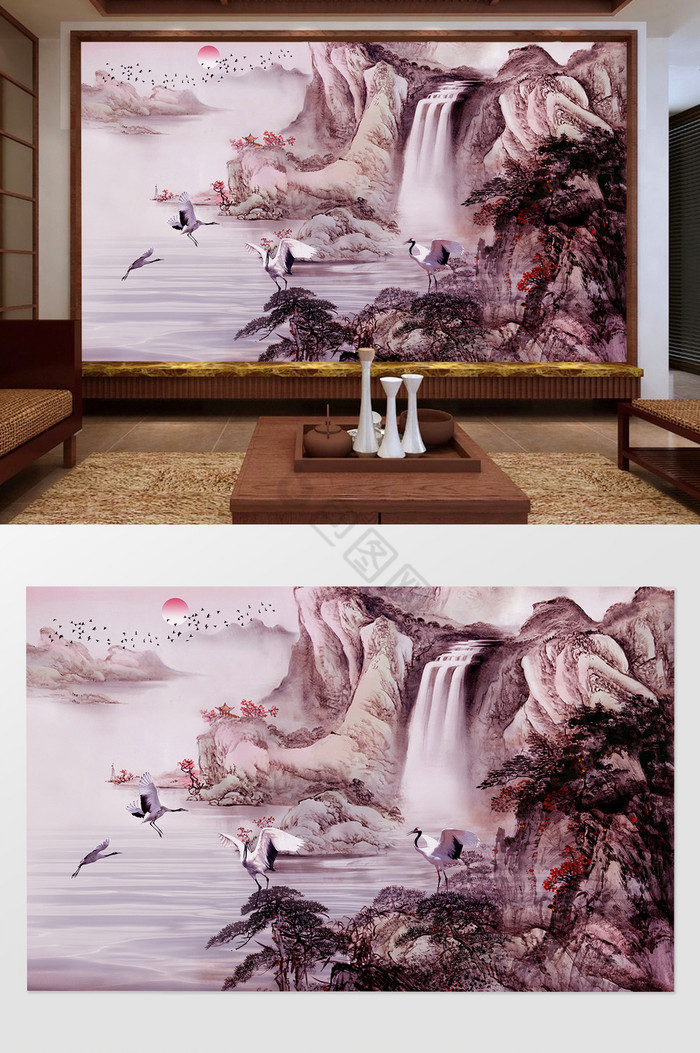 山水白鹤背景墙图片