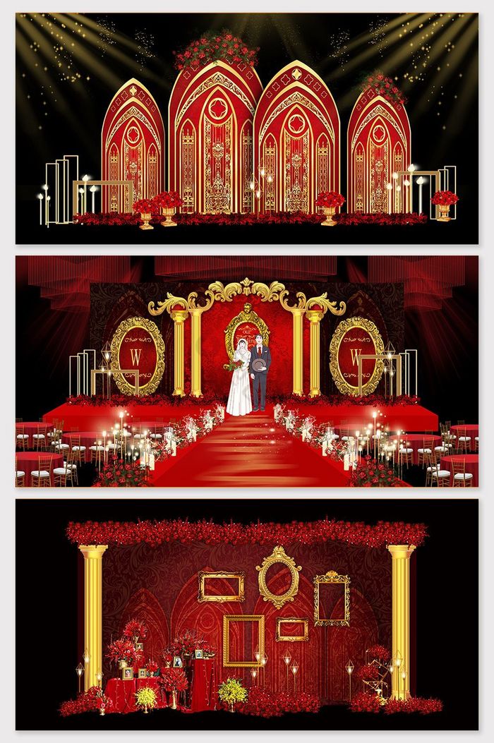 红金色巴洛克欧式婚礼舞台背景图片