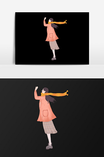 手绘迎风走路的女人插画元素图片