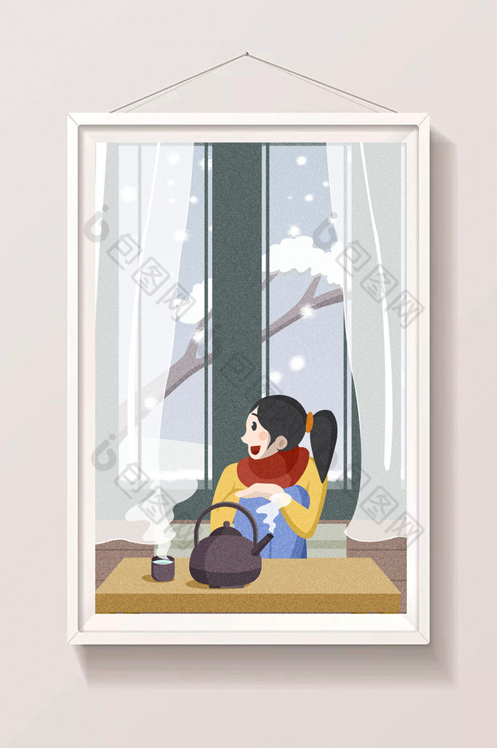 小清新小寒节气女孩室内赏雪插画