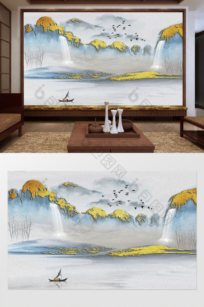 中式大气蓝色山水金箔树船油画背景墙