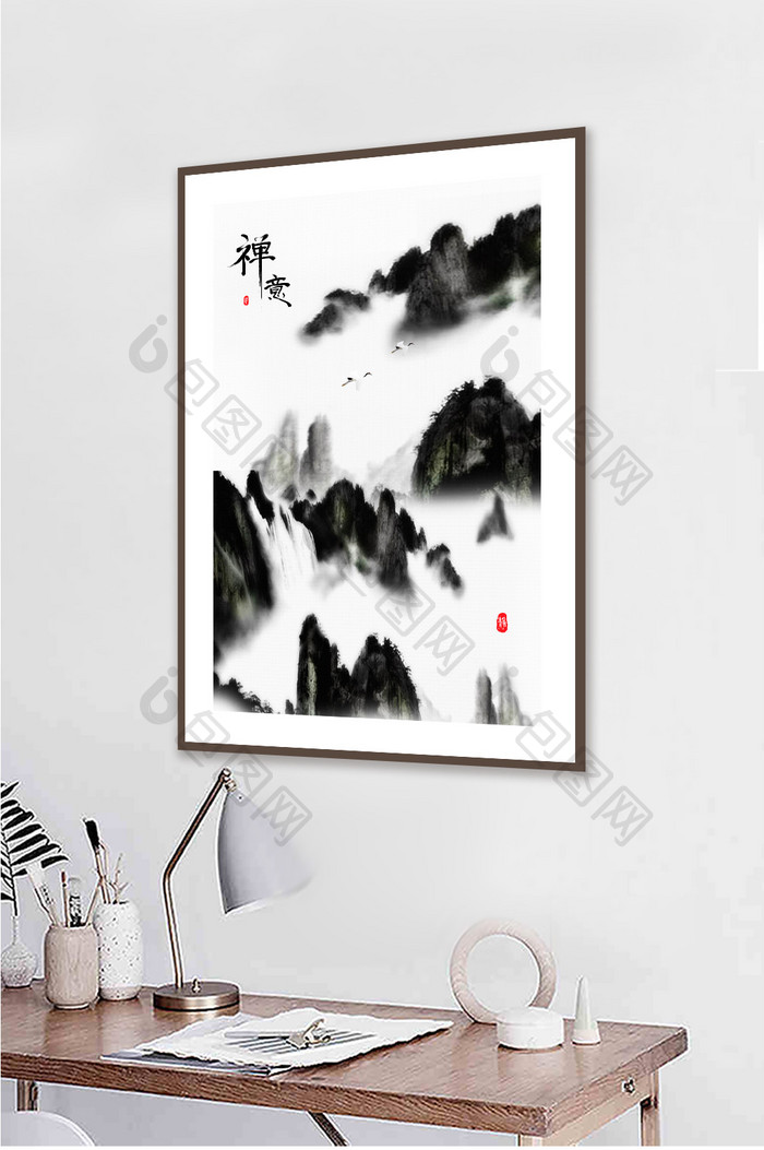 中式意境黑白水墨风景书房装饰画