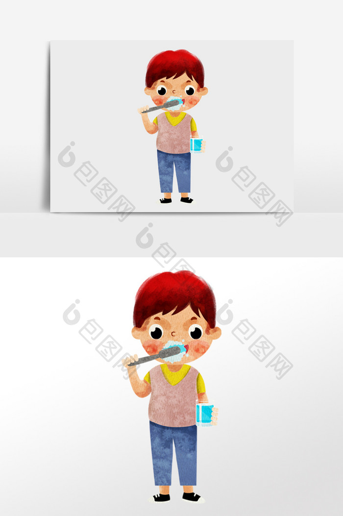 水彩手绘男孩刷牙插画人物