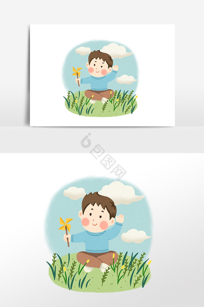 坐在草丛中玩风车的男孩图片