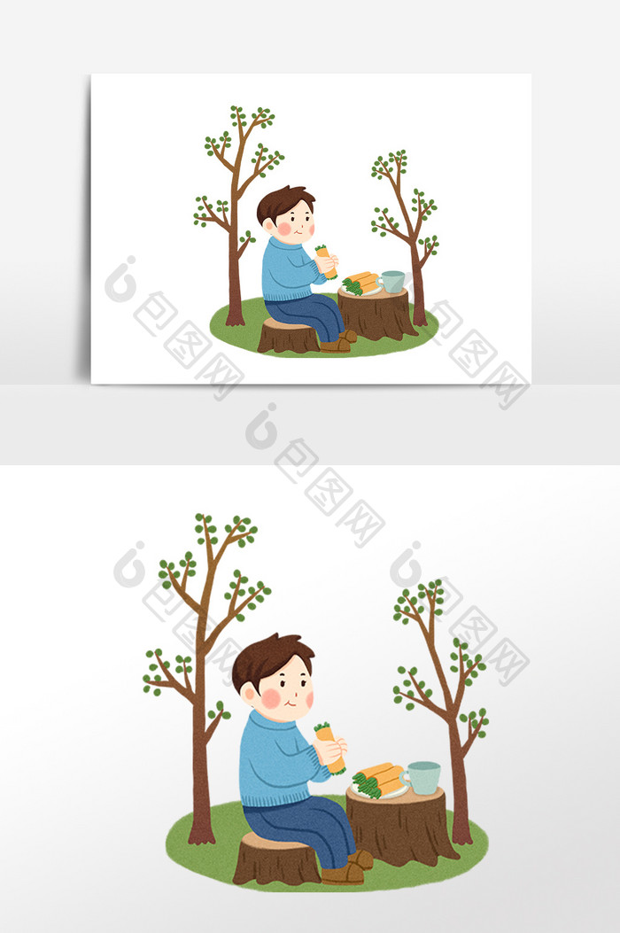 坐在木桩上吃春卷的男孩
