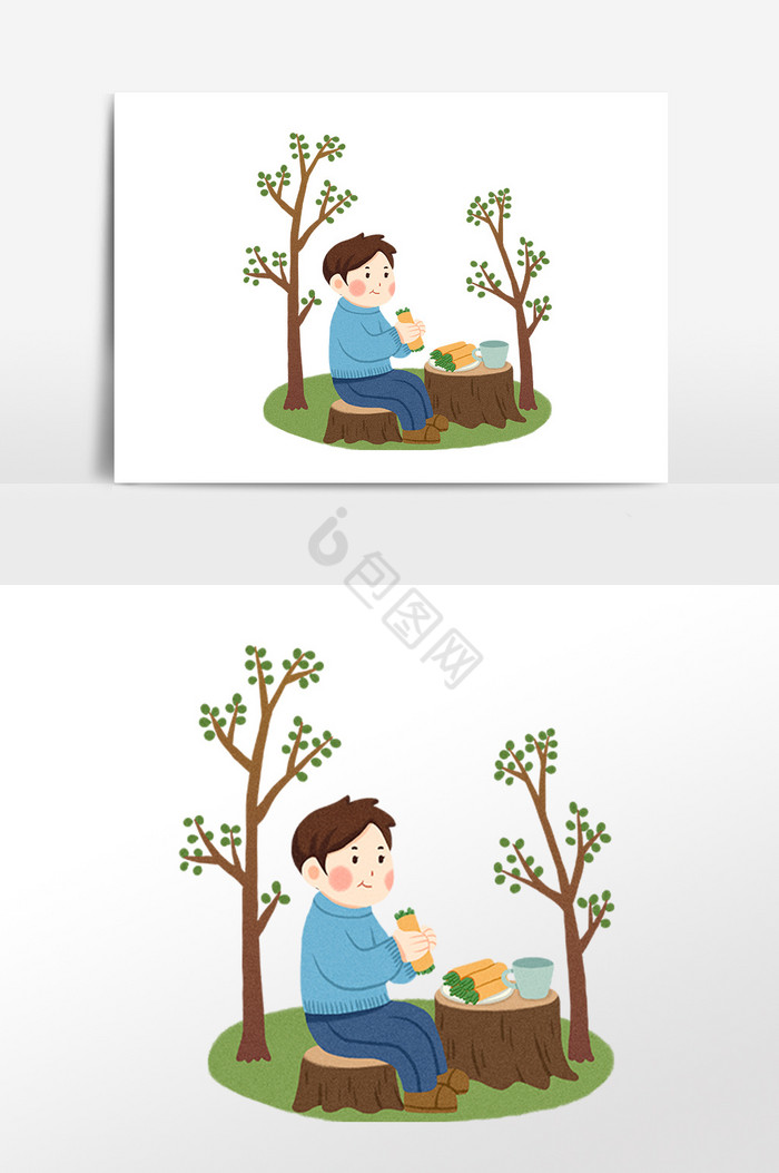 坐在木桩上吃春卷的男孩图片