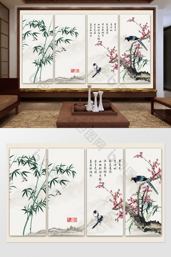 新中式背景墙手绘中国风图片