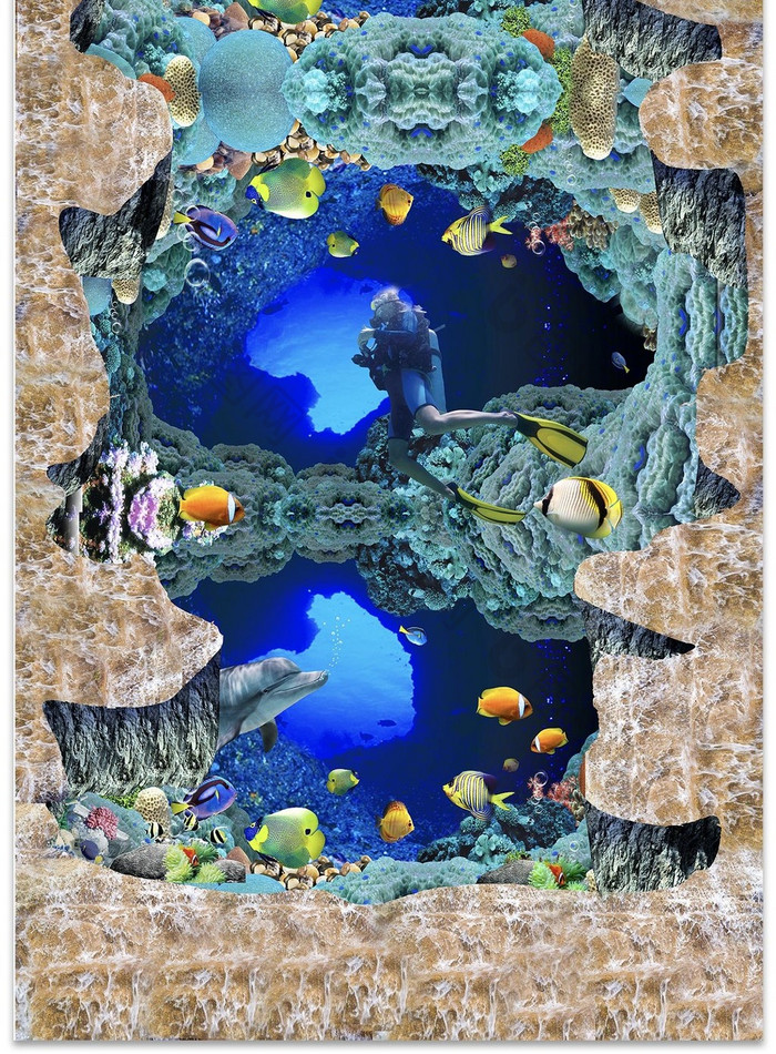 3D立体海底洞穴地板画