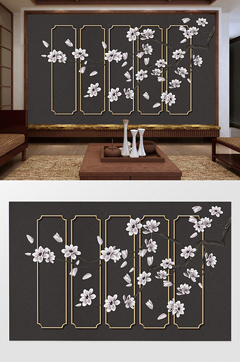 新中式花枝金色画框浮雕背景墙图片