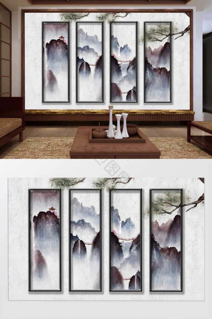新中式山水楼阁小桥松枝背景墙图片