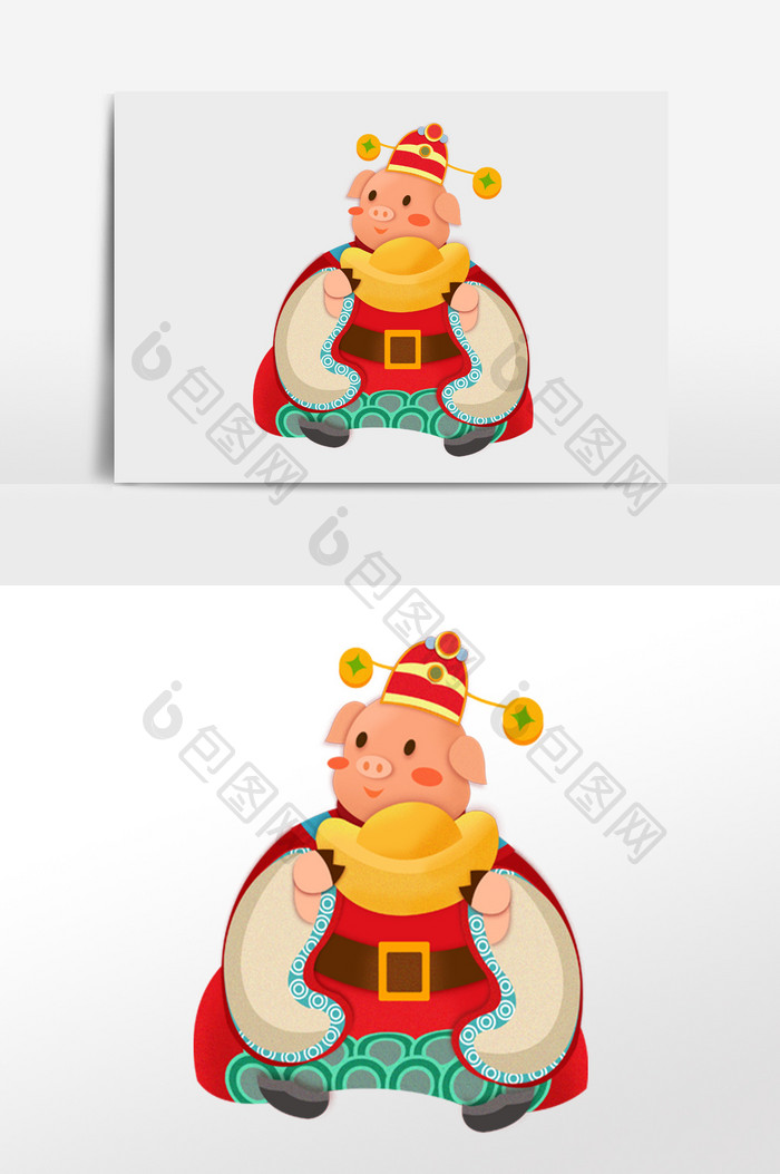 红色喜庆中国风剪纸小猪抱着元宝插画元素