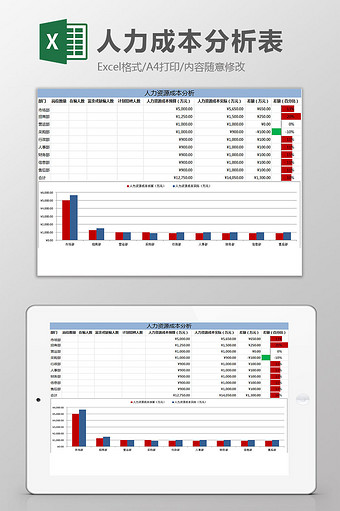 红蓝配色人力成本分析表excel模板图片
