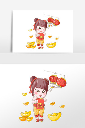 发金元宝的卡通小女孩