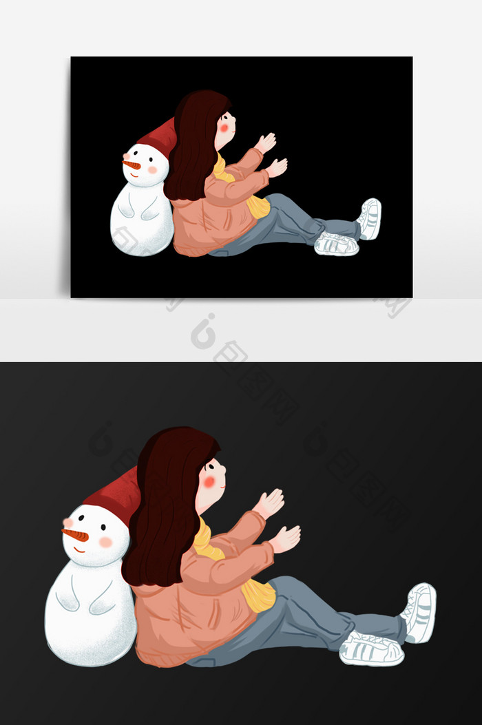 手绘女孩和雪人插画元素