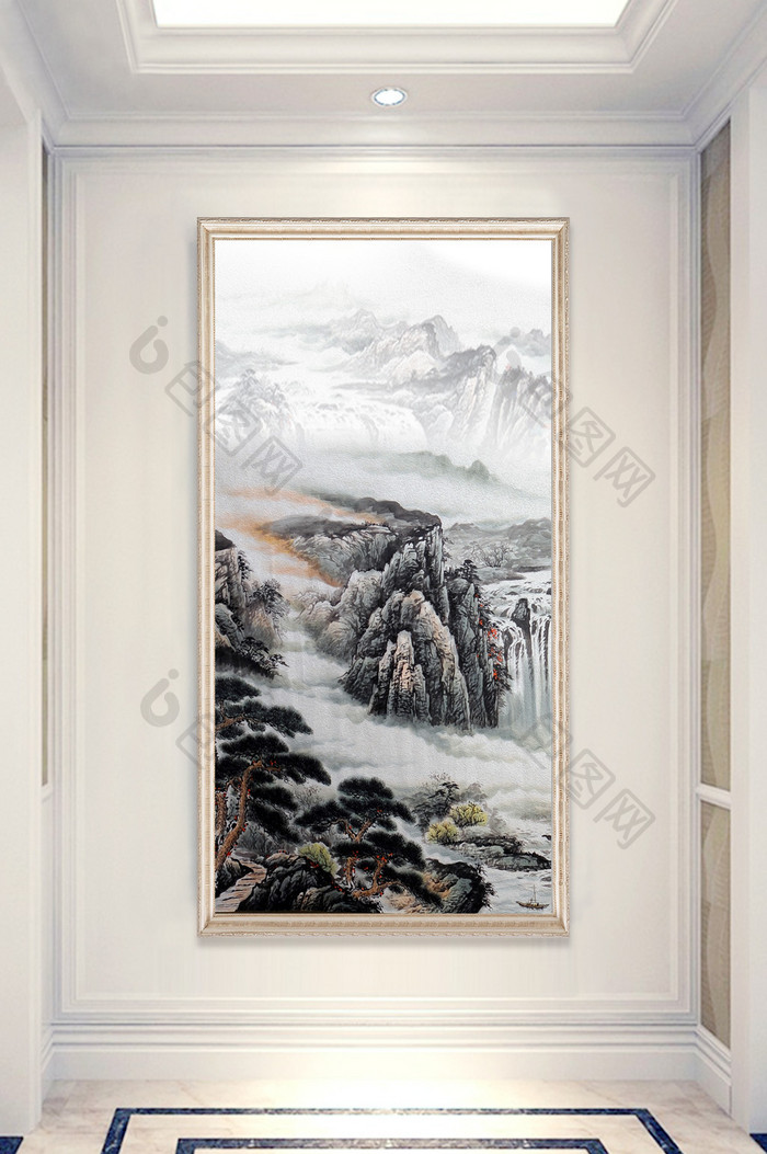 新中式手绘山水风景画玄关