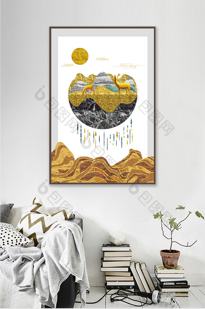 抽象北欧风金色山峦麋鹿客厅装饰画图片图片