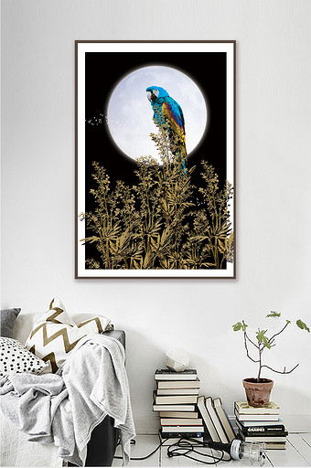 文艺动物鹦鹉金色植物创意客厅酒店装饰画图片
