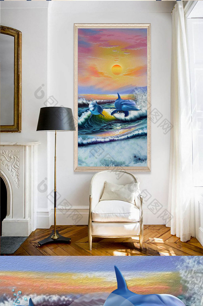 现代北欧唯美海豚海上日出风景玄关装饰画
