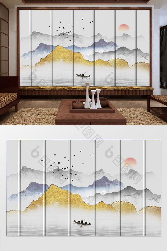 新中式山水画水墨金色背景墙图片图片