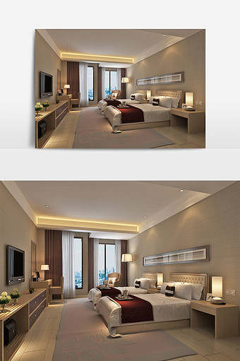 现代风格酒店客房标准间效果图图片