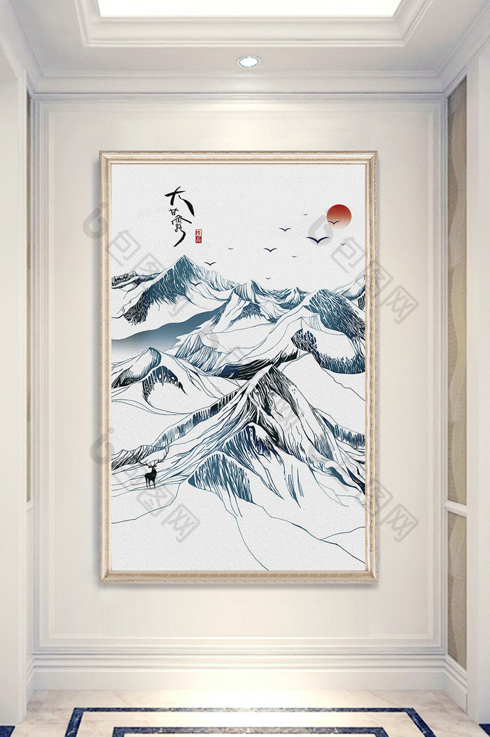 新中式手绘水墨山水意境烟雾玄关背景装饰画