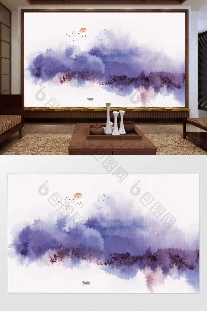 新中式彩色水墨抽象山水壁画背景墙图片图片
