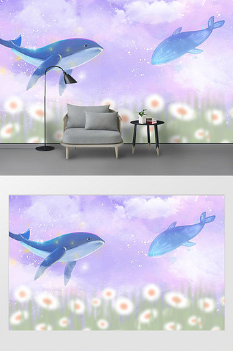 现代唯美梦幻蒲公英海豚世界电视背景墙图片