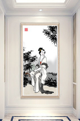 中国风水墨工笔美女人物风景玄关装饰画